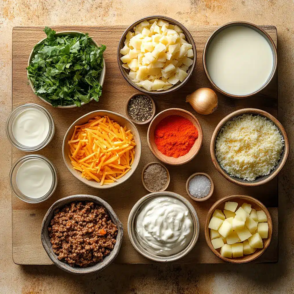 Hobo Casserole Ground Beef Recipe Rich and Easy 5 Ingredients for Hobo Casserole Ground Beef Recipe arranged on a clean surface, including ground beef, potatoes, cream of mushroom soup, and cheddar cheese