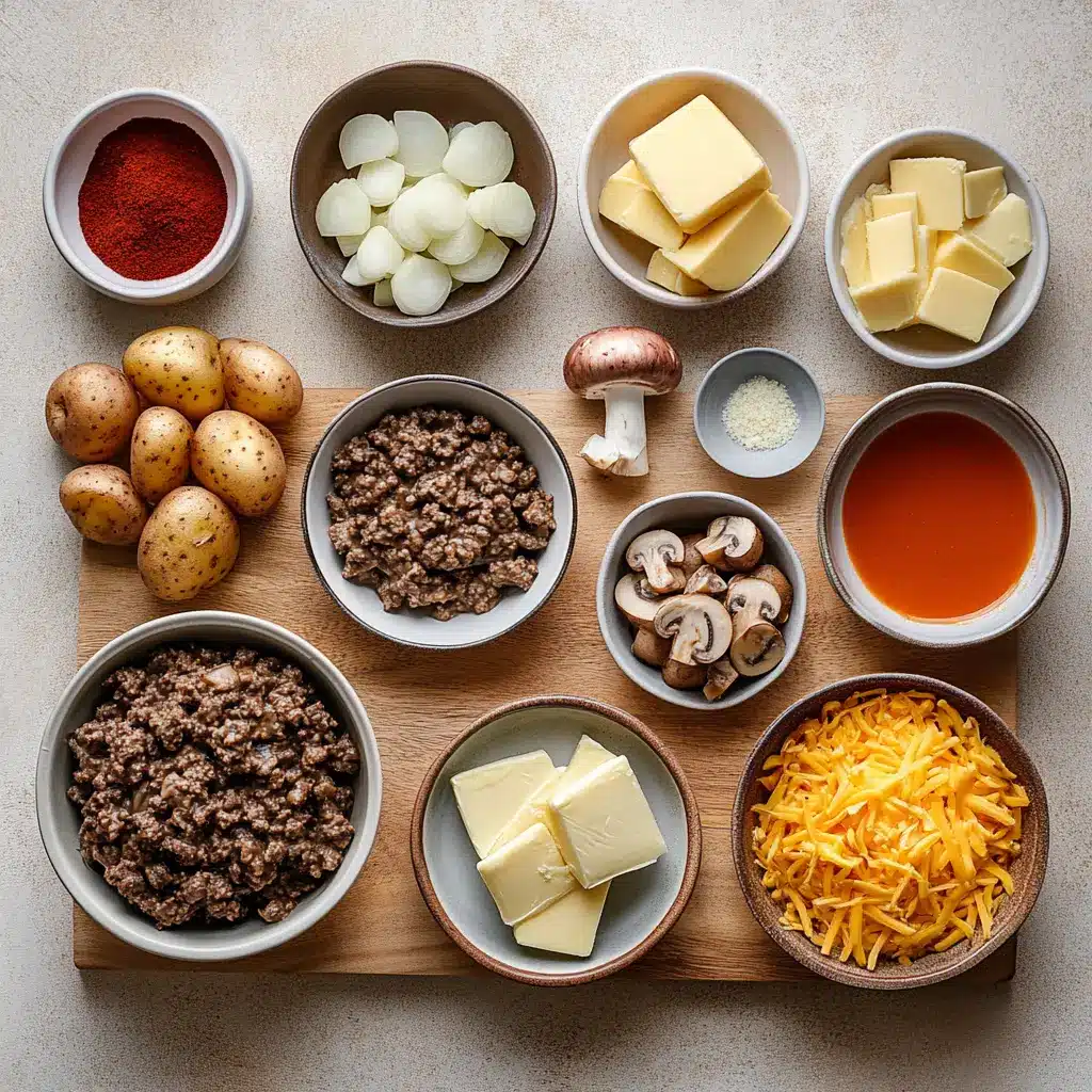 Hobo Casserole Ground Beef: Easy and Delicious Recipe 5 Overhead view of Hobo Casserole Ground Beef ingredients arranged neatly on a counter