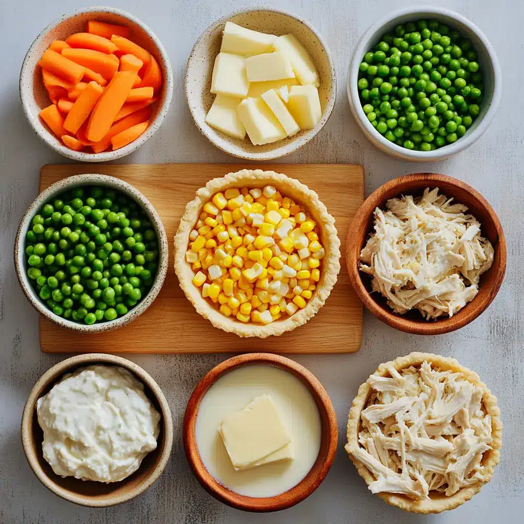 Homemade Easy Chicken Pot Pie Recipe You'll Love 4 Overhead view of ingredients for homemade easy chicken pot pie recipe including pie crusts, vegetables, and herbs