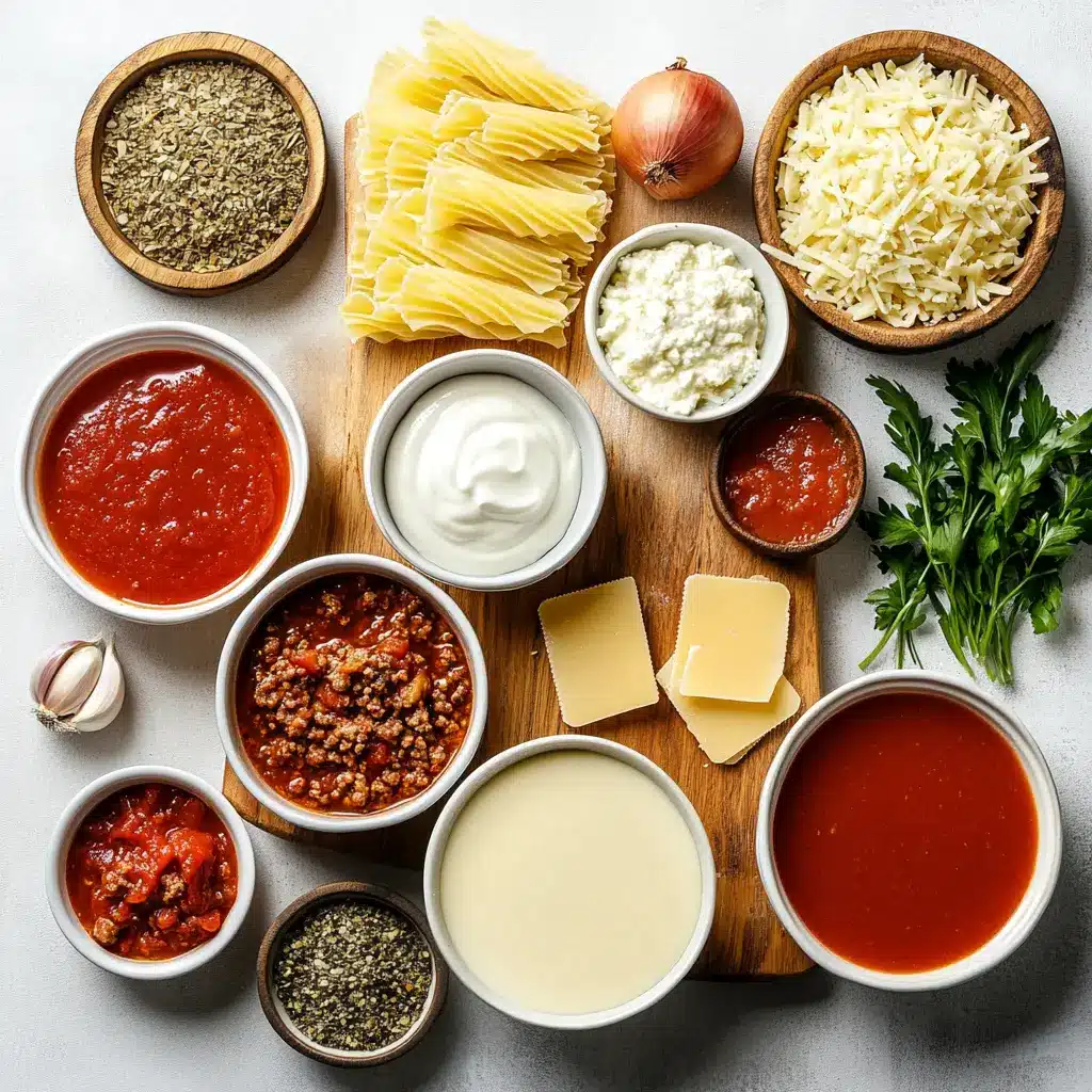 Lasagna Soup: Easy and Irresistible Cozy Recipe 4 Ingredients for homemade Italian sausage lasagna soup including tomatoes, noodles, cheeses, meat, and herbs
