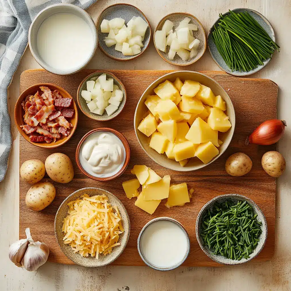 Loaded Baked Potato Soup: Comfort in Every Bite 4 Ingredients laid out for making loaded baked potato soup, including potatoes, cheese, bacon, and cream