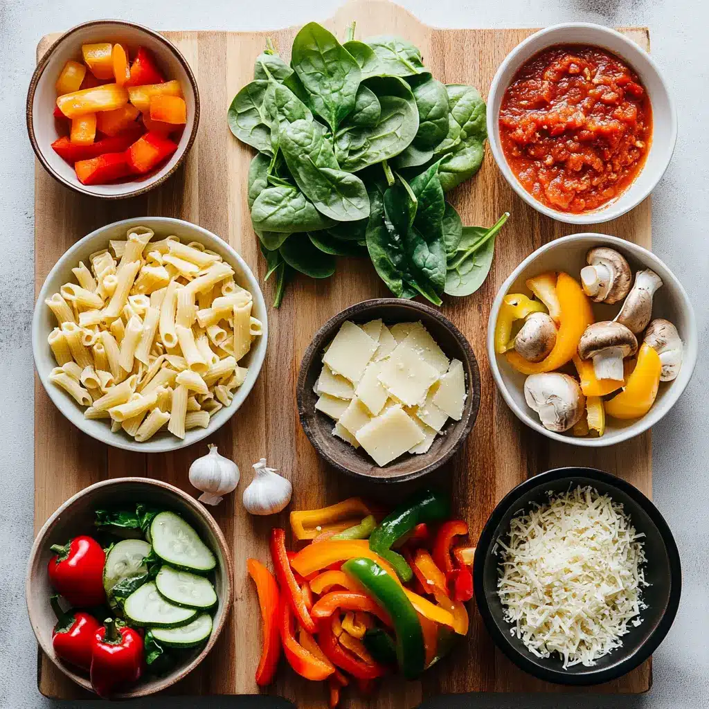 Loaded Veggie Baked Ziti You Must Try for Delicious Family Dinner 5 Ingredients displayed for making loaded veggie baked ziti including zucchini, peppers, and ricotta