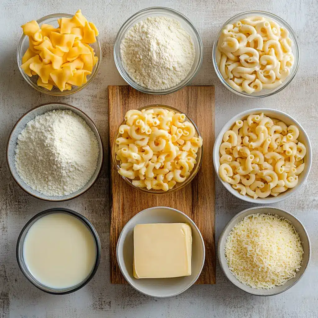 Mac and Cheese Recipe: Easy, Delicious, and Simple 4 Ingredients for mac and cheese recipe including sharp cheddar, pasta, milk, butter, and flour displayed on a clean surface