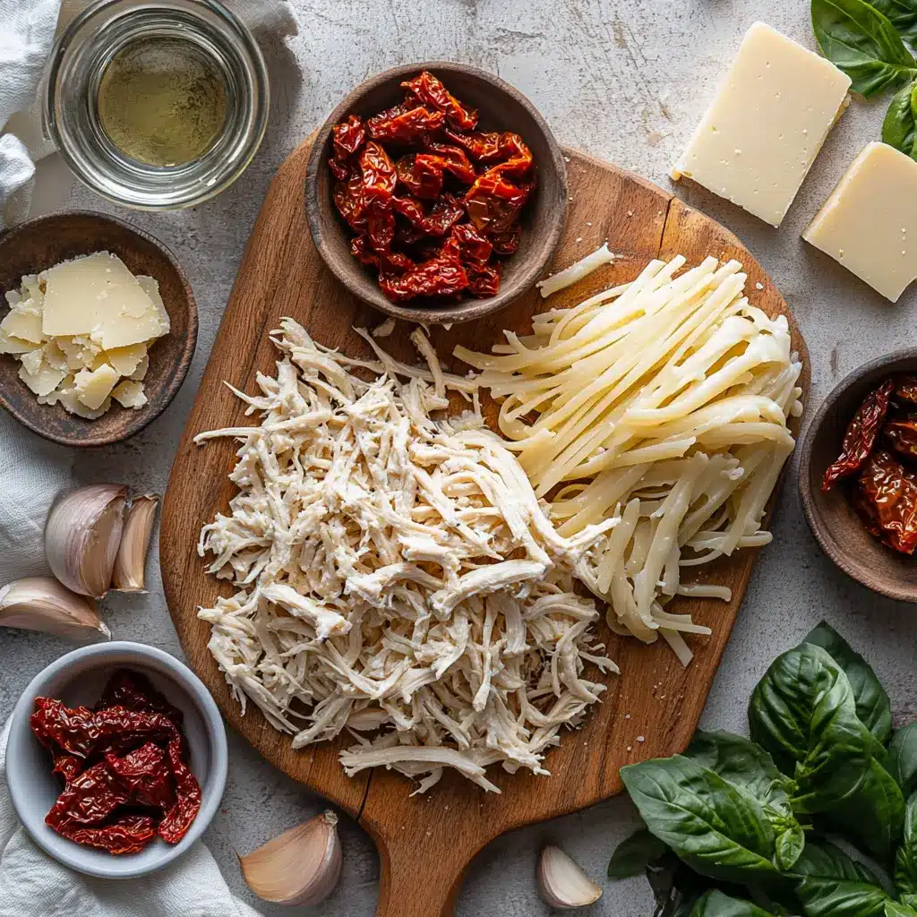 Marry Me Chicken Pasta: Quick and Irresistible Delight 4 Ingredients for Marry Me Chicken Pasta with sun-dried tomatoes, garlic, herbs, shredded chicken, and pasta.