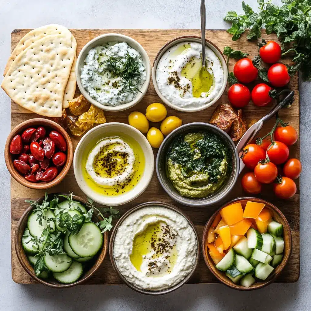 Mediterranean Brunch Boards: Create Delicious Feasts 4 Ingredients displayed for building a Mediterranean brunch board, with dips, vegetables, and flatbread neatly arranged