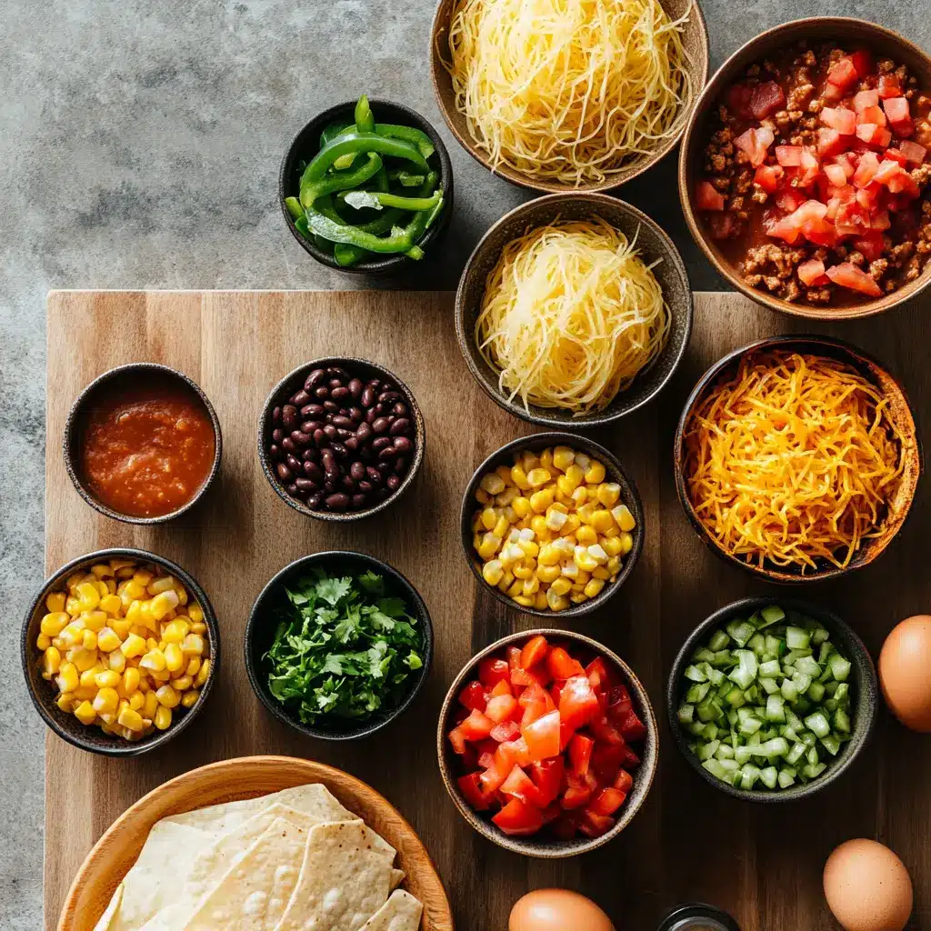 Mexican Spaghetti Squash Casserole: Irresistible Recipe Now 4 Ingredients prepped for Mexican Spaghetti Squash Casserole including spaghetti squash, ground turkey, corn, beans, and enchilada sauce