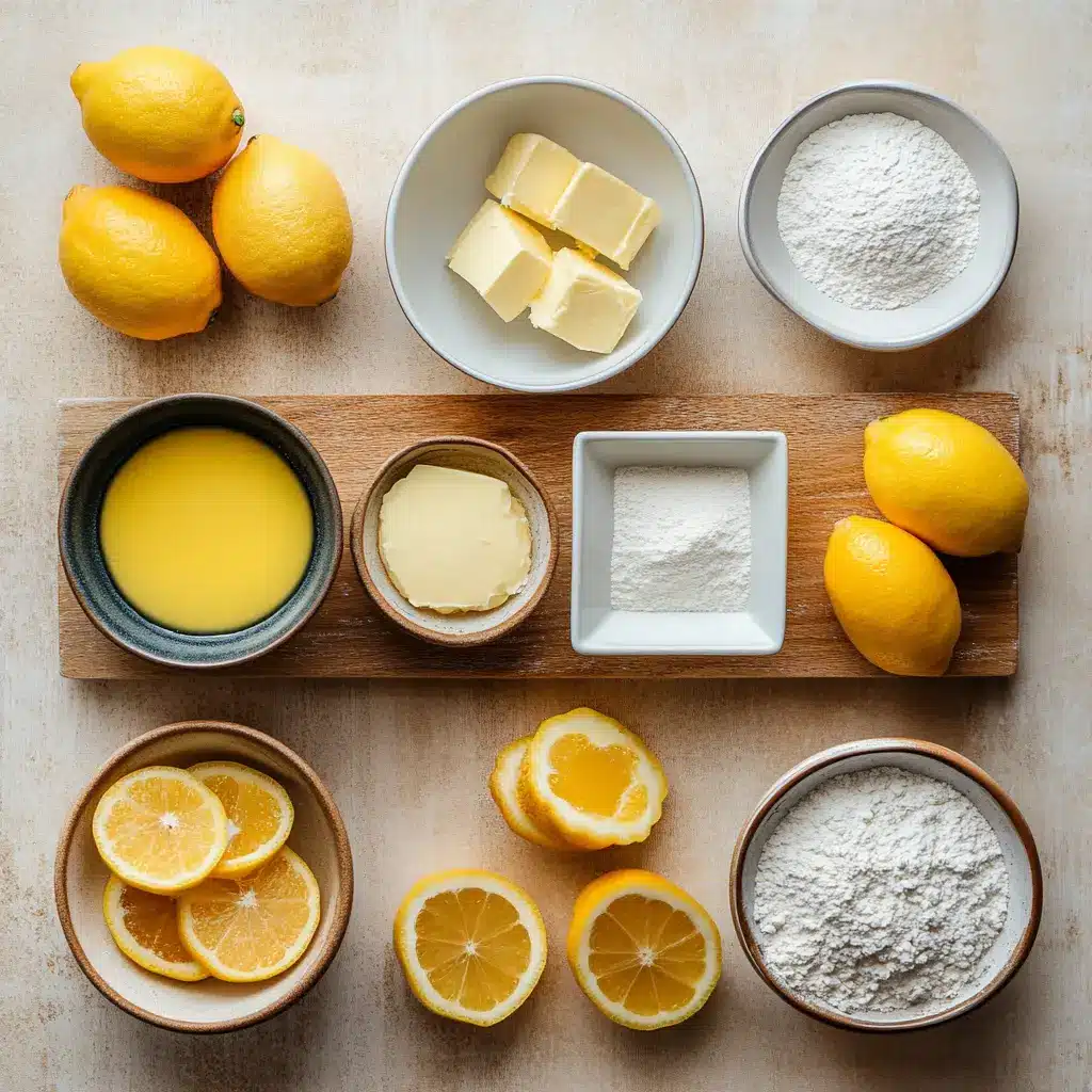 Meyer Lemon Bars Easy and Delicious Recipe 4 Flat lay shot of lemon bar ingredients including Meyer lemons, flour, sugar, and eggs