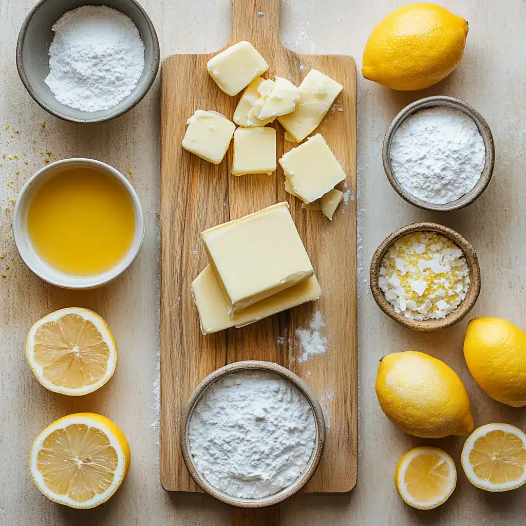 Meyer Lemon Meltaways Recipe - Easy and Delicious Treats 4 Bright and fresh ingredients for Meyer Lemon Meltaways neatly arranged on a clean kitchen surface, including lemons, butter, and sugar