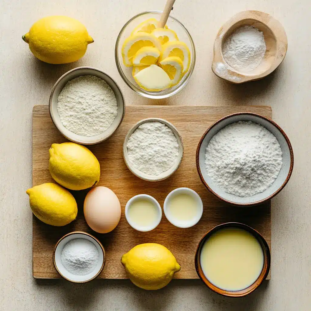 Meyer Lemon Pound Cake Easy Delicious Recipe 4 Overhead view of ingredients for Meyer Lemon Pound Cake arranged neatly on a counter