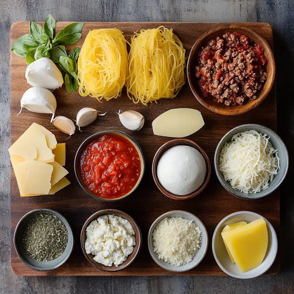 Million Dollar Spaghetti Squash Pasta: Delicious Recipe Guide 4 Ingredients for Million Dollar Spaghetti Squash Pasta including mozzarella, squash, ricotta, and marinara sauce