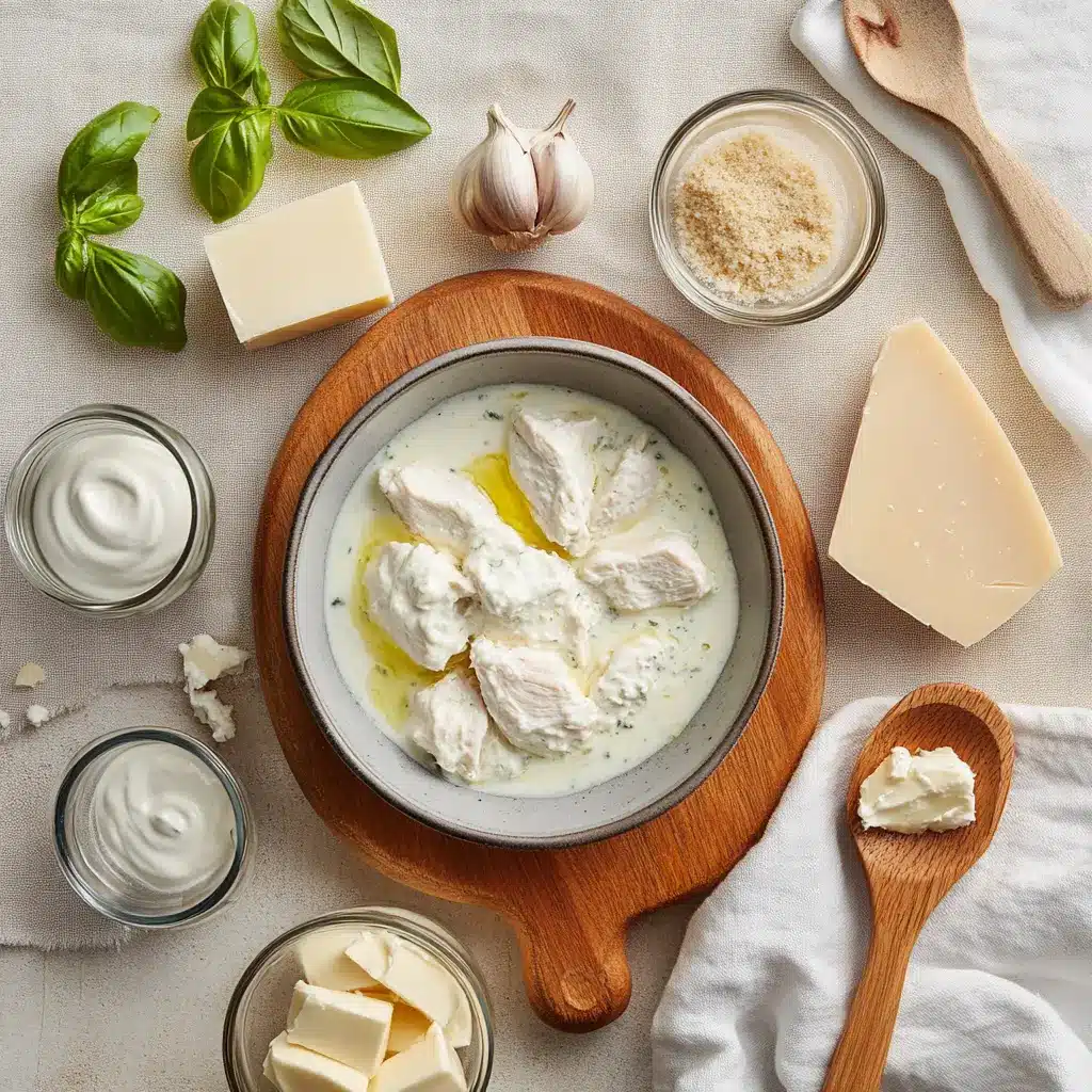 Mozzarella Chicken in Basil Cream Sauce: Easy and Delicious 4 Ingredients for Mozzarella Chicken in Basil Cream Sauce including fresh basil, chicken breasts, mozzarella, cream, and seasonings on a wooden board
