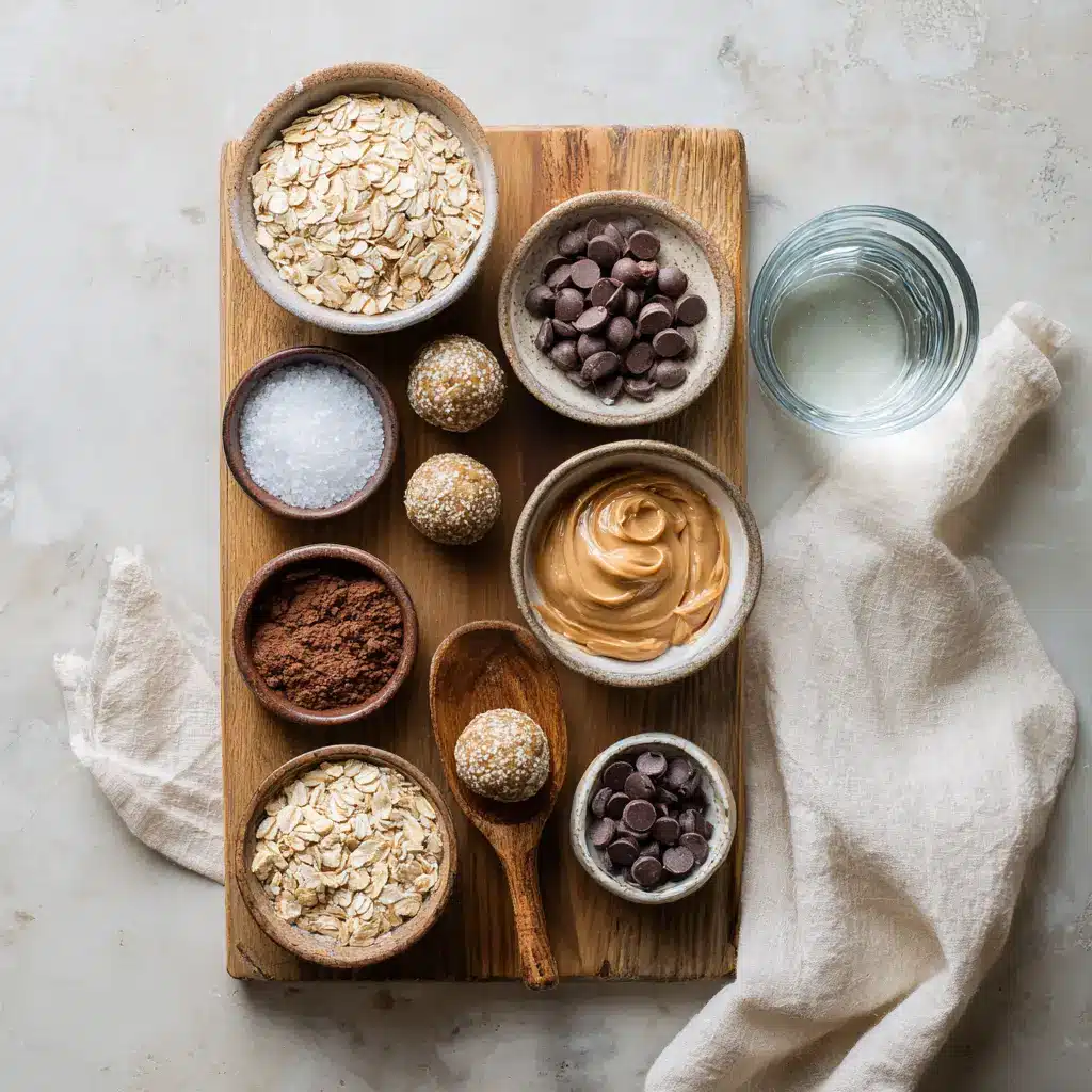 No-Bake Chocolate Peanut Butter Protein Balls: Easy Delicious Recipe 4 Ingredients laid out for making no-bake chocolate peanut butter protein balls including oats, peanut butter, honey, cocoa, and chocolate chips