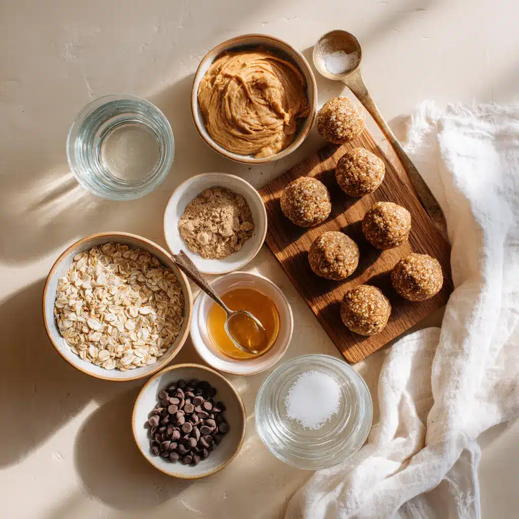 No-Bake Peanut Butter Energy Bites: Quick and Delicious 4 Flat lay of ingredients for no bake peanut butter energy bites: oats, natural peanut butter, honey, and chocolate chips, on a white napkin