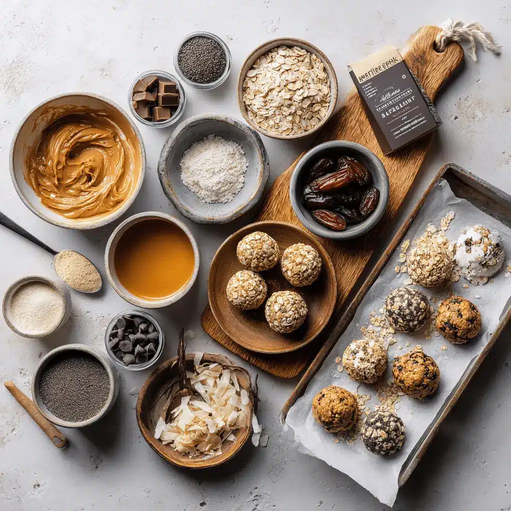 No-Bake Peanut Butter Protein Balls: Easy and Delicious Recipe 4 Ingredients for no bake peanut butter protein balls including oats, peanut butter, honey, and chocolate chips on a white cloth
