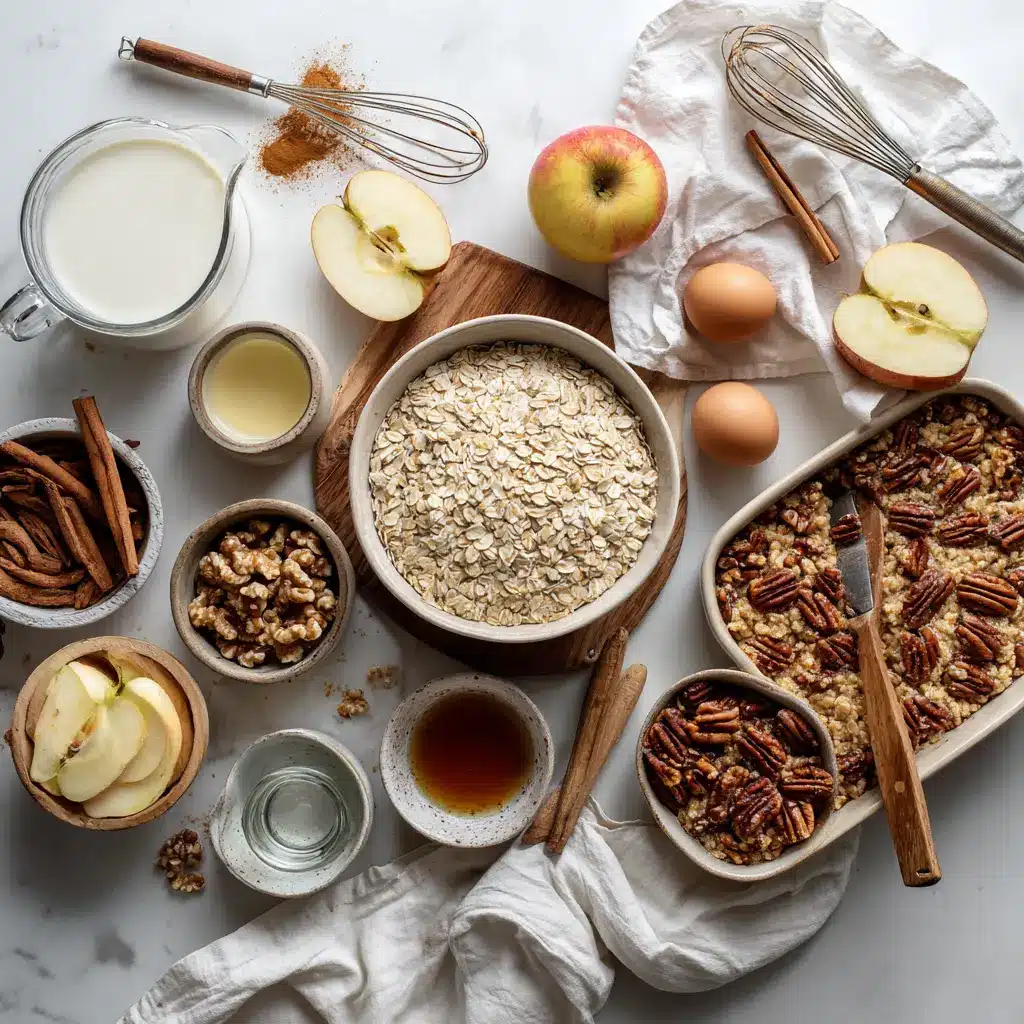 Ingredients for Oatmeal Apple Breakfast Bake including oats, apples, cinnamon, maple syrup, and nuts