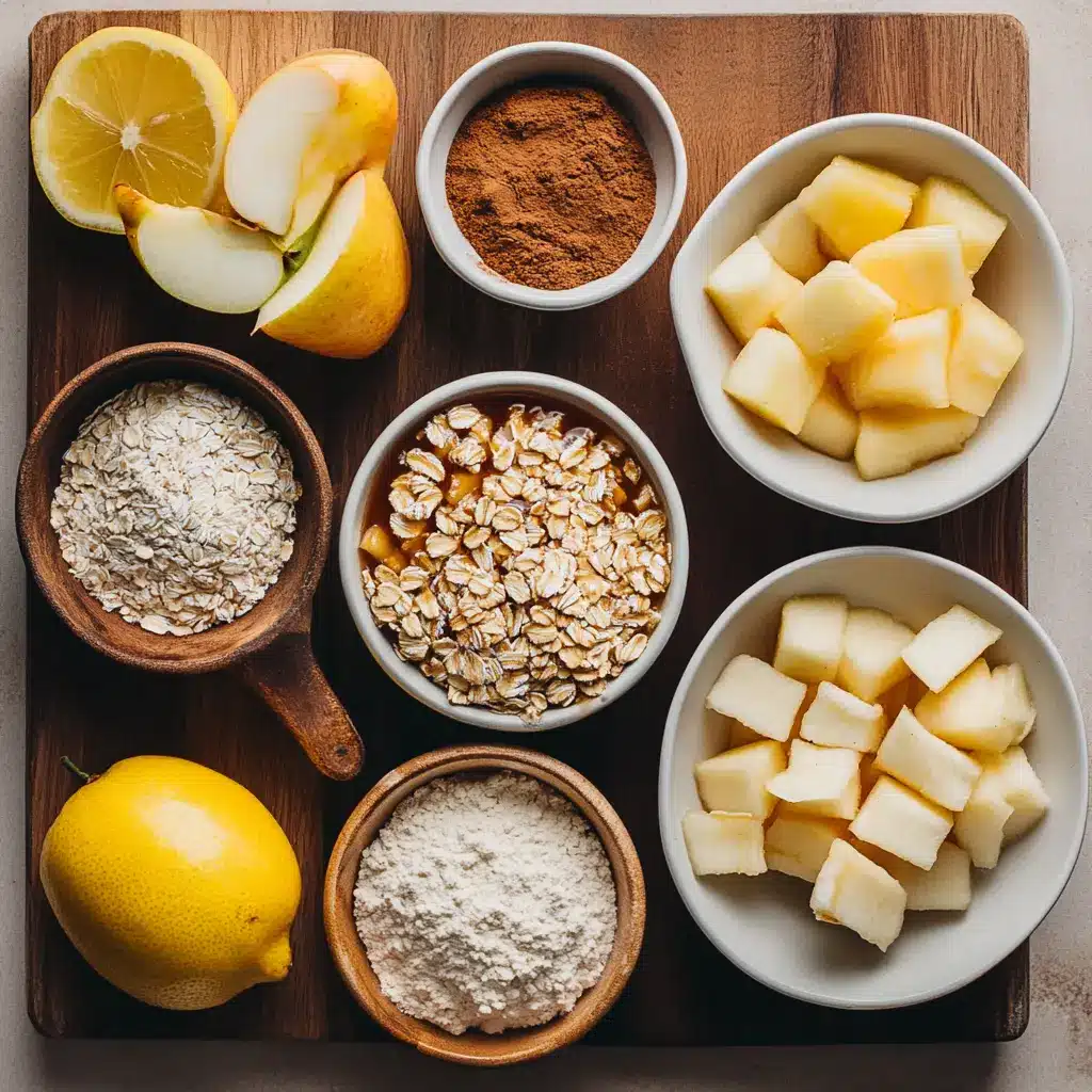 Old Fashioned Easy Apple Crisp: Irresistibly Quick Recipe 5 Top view of ingredients laid out for old fashioned easy apple crisp, including apples, oats, and butter