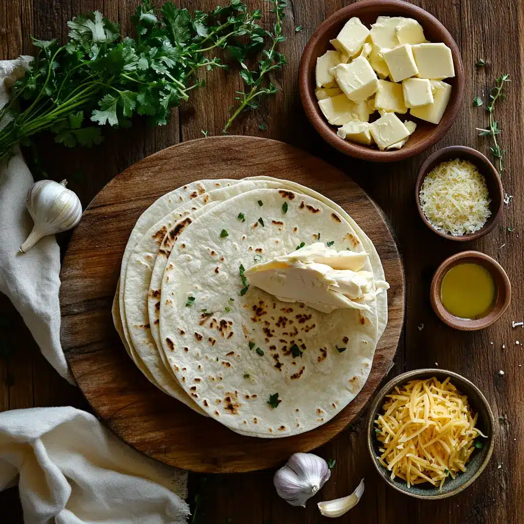 Ooey-Gooey Cheesy Garlic Chicken Wraps: Quick & Delicious! 4 Ingredients for Ooey Gooey Cheesy Garlic Chicken Wraps displayed on white cloth, including cheese, garlic, and tortillas