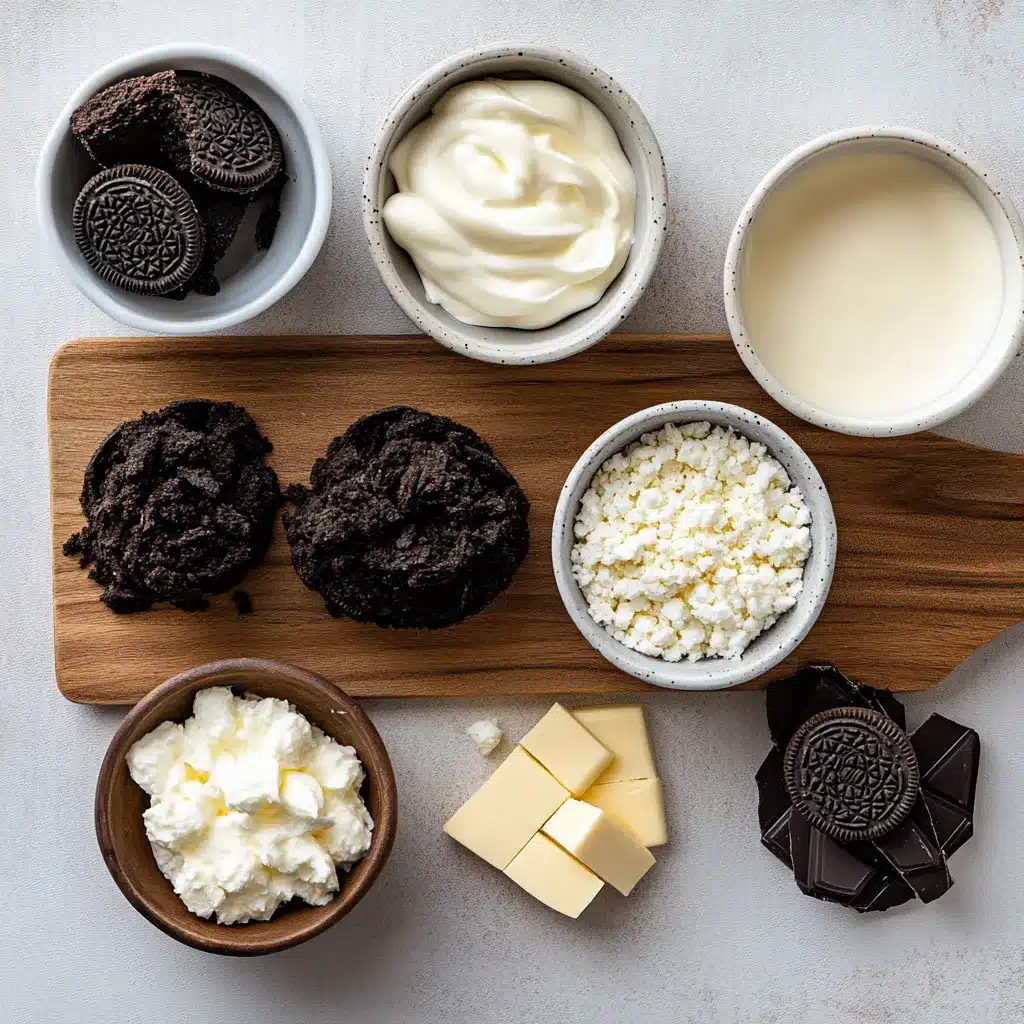 Oreo Cake Balls: Irresistibly Easy Sweet Snacks 4 Top view of Oreo cake balls and ingredients: cream cheese, white candy melts, and crushed Oreos arranged neatly on a rustic table