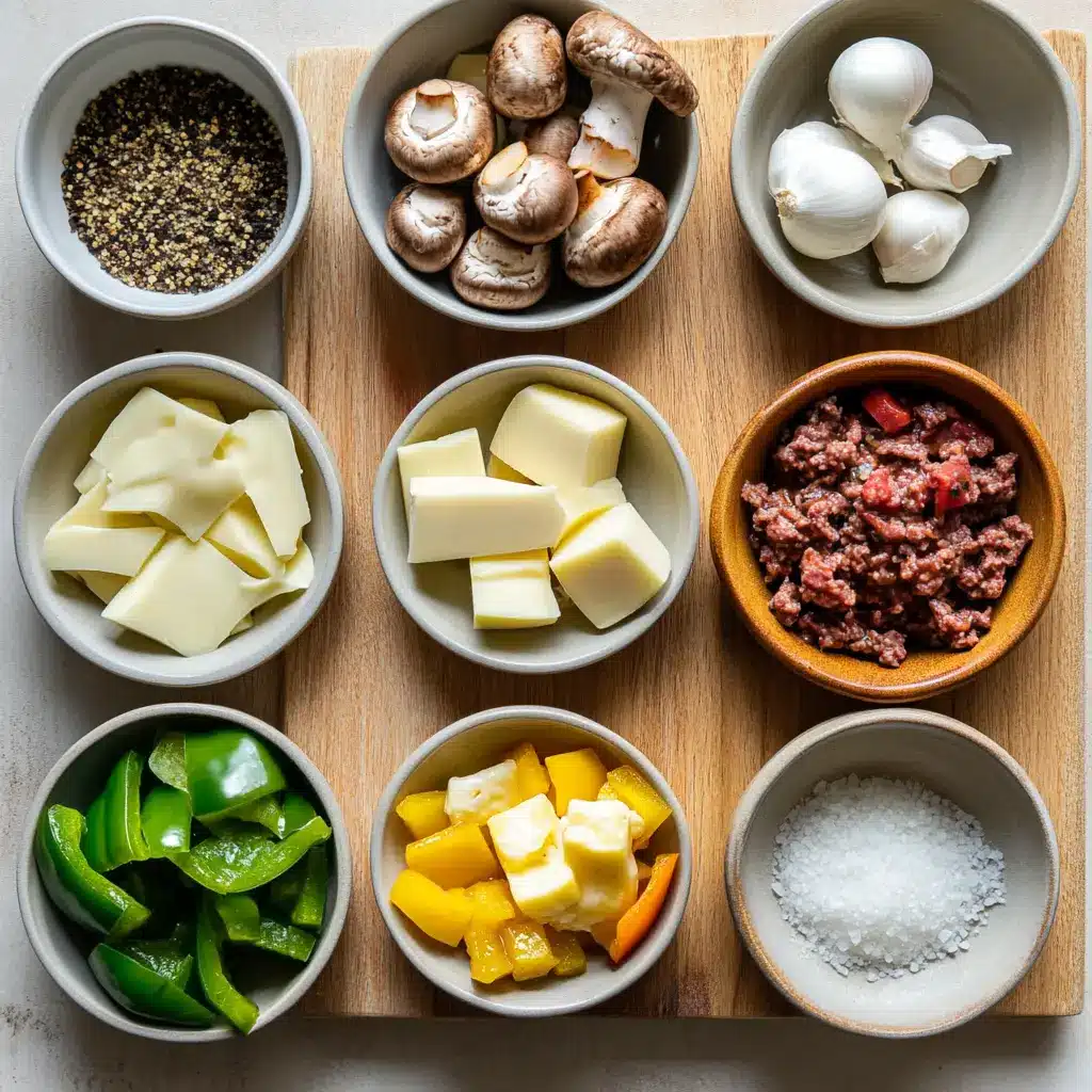 Philly Cheesesteak Bowls: Easy and Delicious Dinner 4 Overhead shot of ingredients for Philly cheesesteak bowls including ground beef, bell peppers, onions, mushrooms, and provolone cheese.