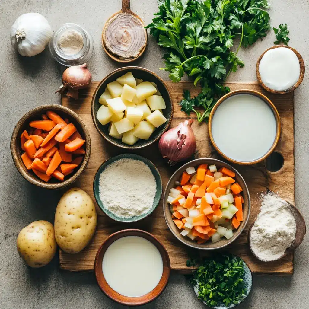 Ingredients arranged for making Pioneer Woman Potato Soup including russet potatoes, carrots, and bacon