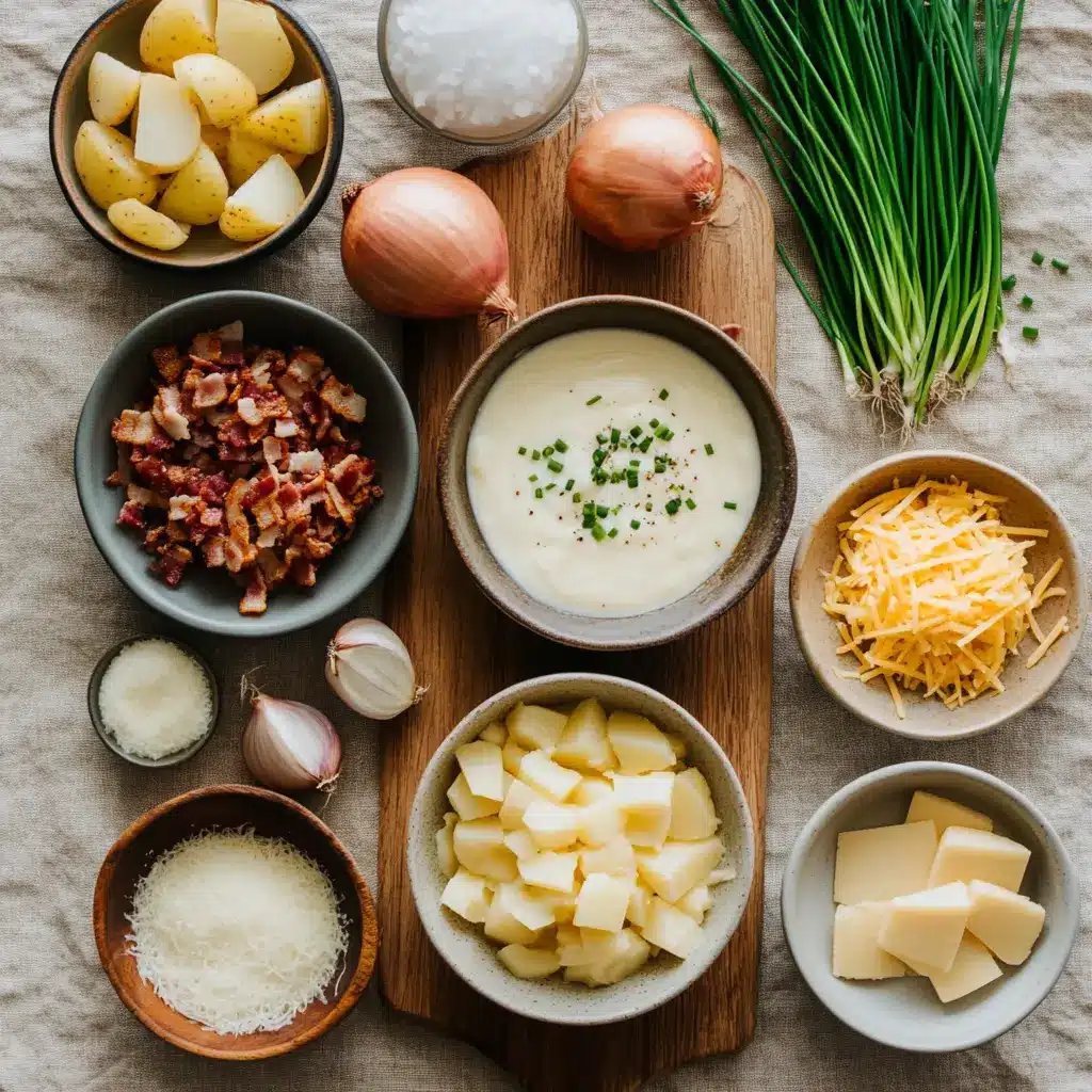 Ingredients laid out for creamy potato soup, including potatoes, broth, and dairy on a kitchen counter