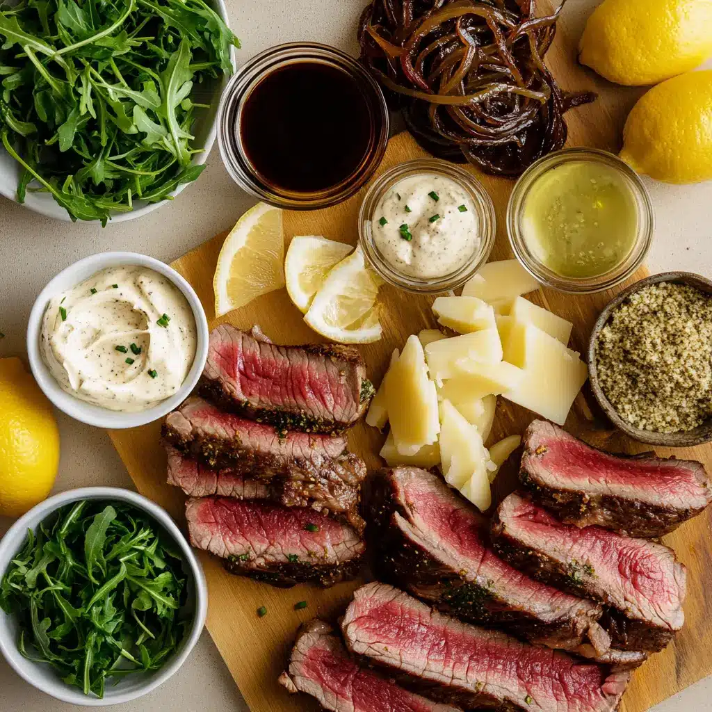 Prime Rib Steak Sandwiches: Irresistibly Delicious Recipes 4 Ingredients laid out for making prime rib steak sandwiches on a wooden board