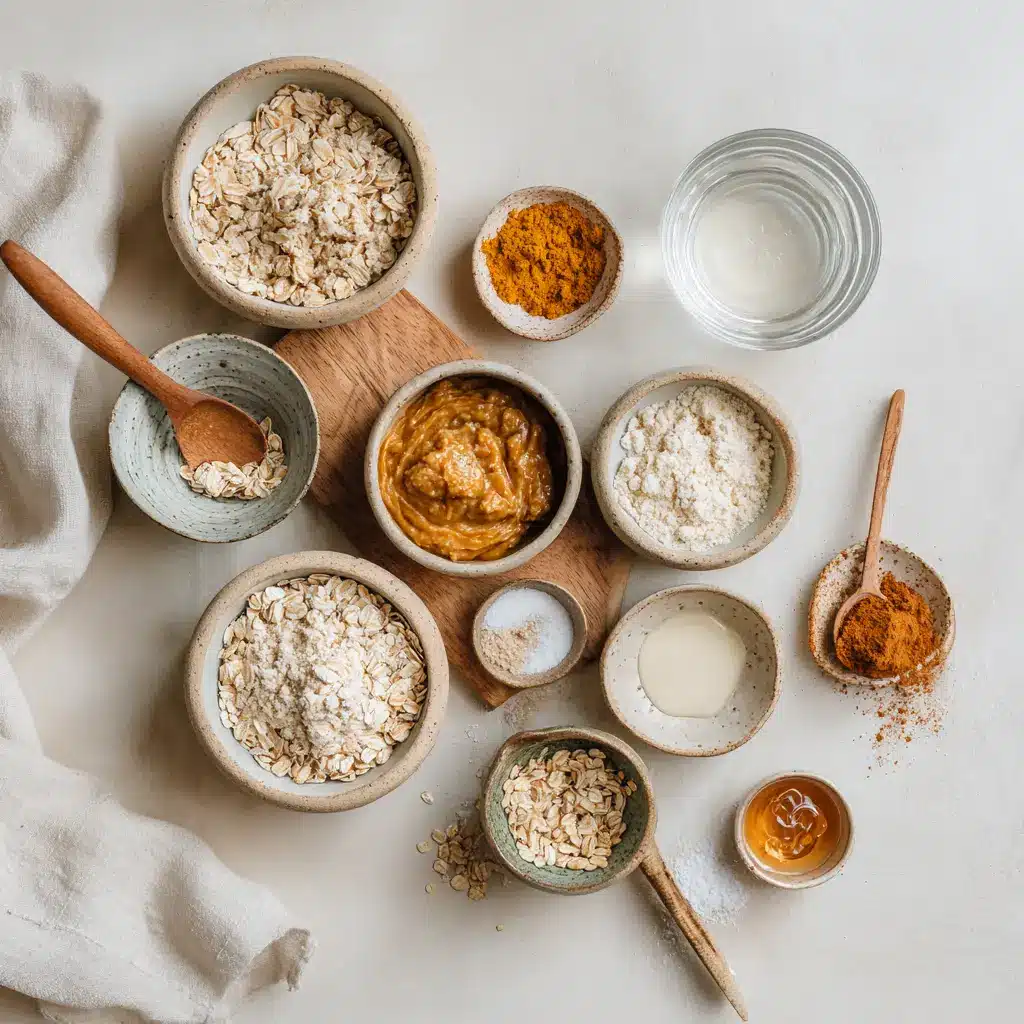 Pumpkin Protein Balls: Easy and Delicious Recipe 4 Ingredients for pumpkin protein balls including pumpkin puree, oats, almond butter, spices, and protein powder on a white napkin under natural light