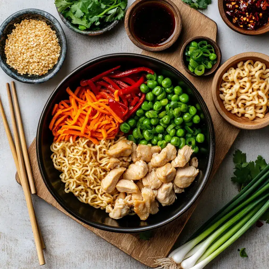 Quick & Tasty Chicken Ramen Stir Fry: Ultimate Recipe Joy 4 Ingredients for QUICK TASTY CHICKEN RAMEN STIR FRY including chicken, ramen, vegetables and sauces laid out on counter