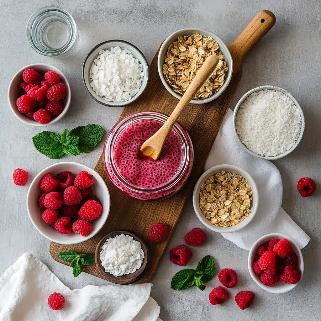 Raspberry Chia Pudding: Delicious and Easy Recipe 4 Ingredients for raspberry chia pudding including chia seeds, almond milk, fresh raspberries, maple syrup, and toppings like almonds and coconut flakes
