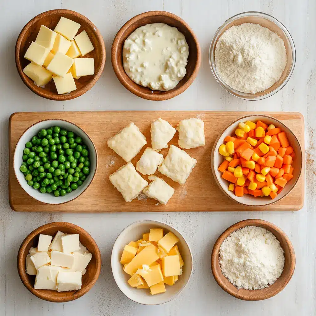 Red Lobster Biscuit Chicken Pot Pie Secrets Revealed 5 Ingredients assembled for Red Lobster Biscuit Chicken Pot Pie with fresh herbs and cheese