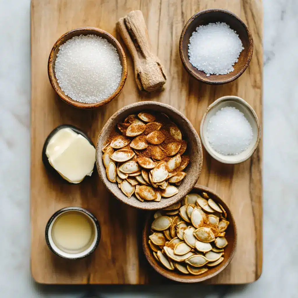 Roasted Pumpkin Seeds with Cinnamon Sugar Recipe 4 Ingredients laid out neatly for roasted pumpkin seeds with cinnamon sugar