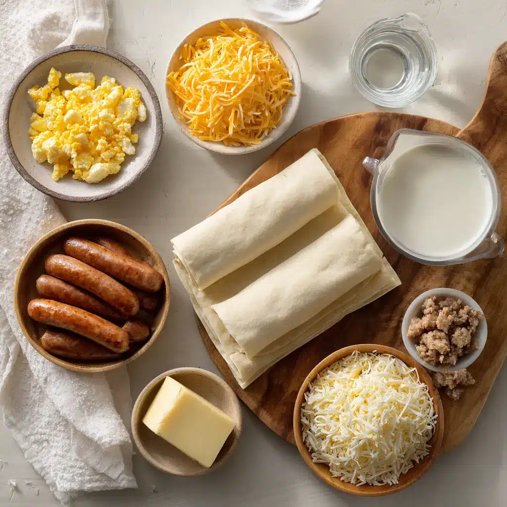 Ingredients for sausage egg breakfast roll-ups: crescent dough, sausage, eggs, cheese, and milk arranged on a cloth