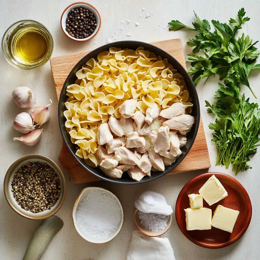Savory One-Pan Chicken with Buttered Noodles: Simple Delicious Meal 4 Ingredients for savory one-pan chicken with buttered egg noodles including chicken breasts, butter, parsley, garlic and broth