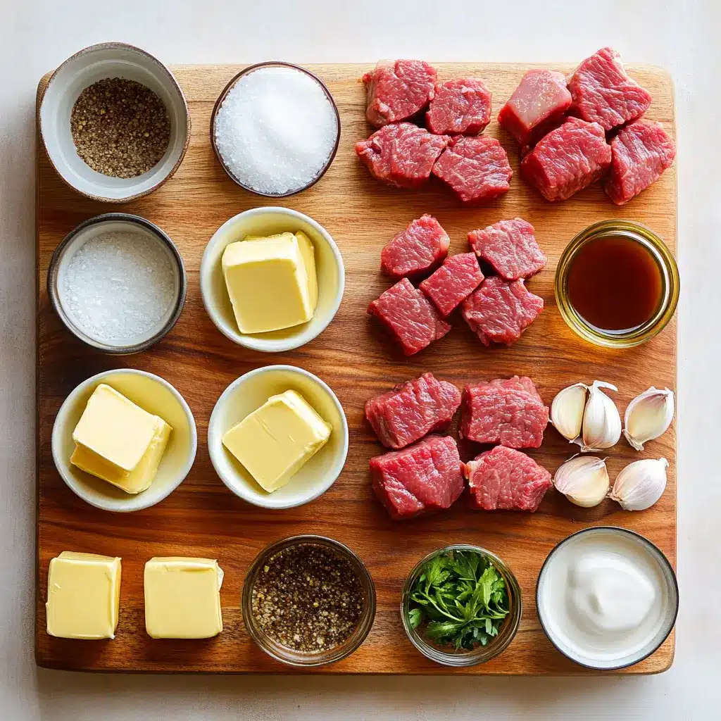 Ingredients laid out for Slow Cooker Garlic Butter Steak Bites including steak, garlic, butter, and onions