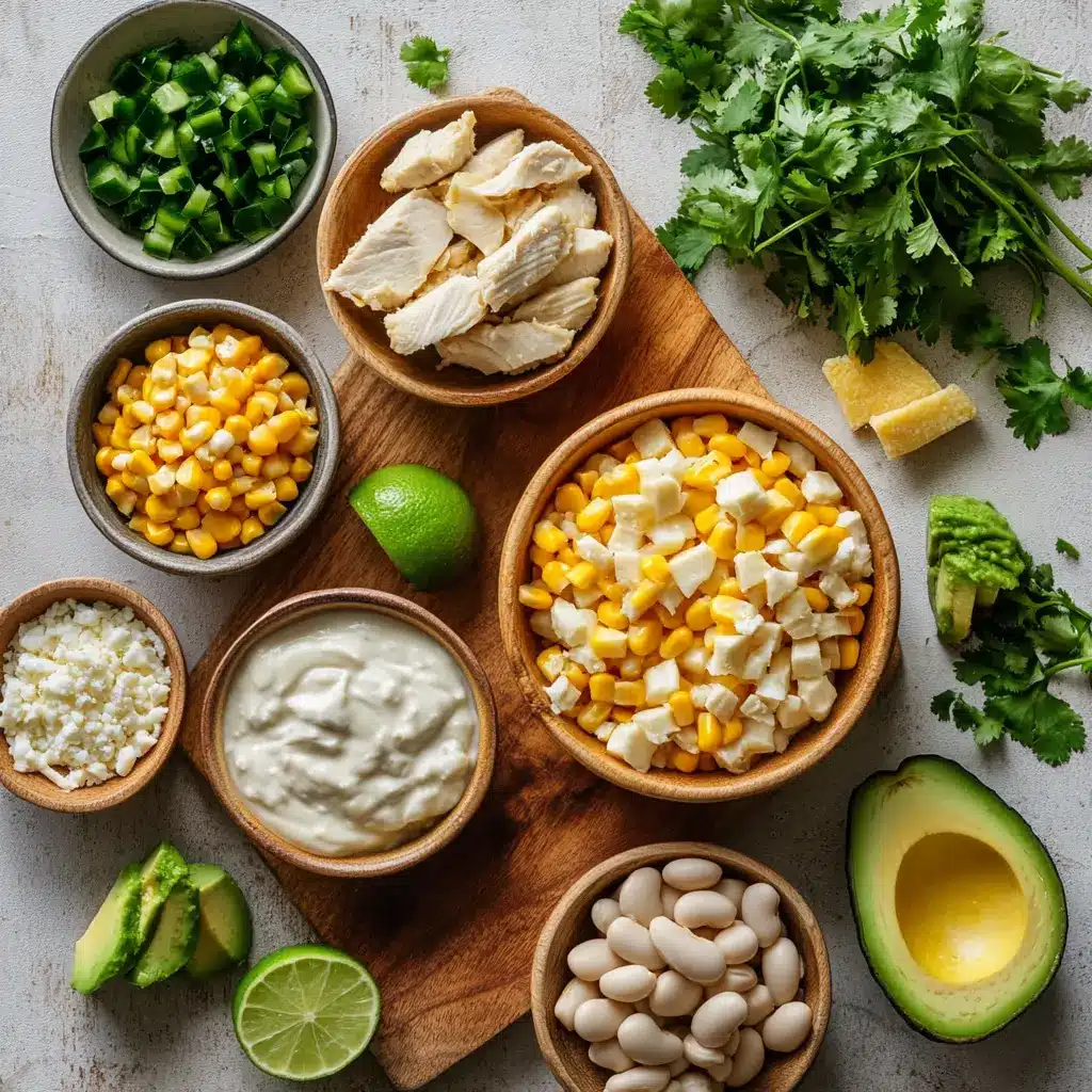 Ingredients laid out for slow cooker white chicken chili, including chicken, beans, corn, and spices