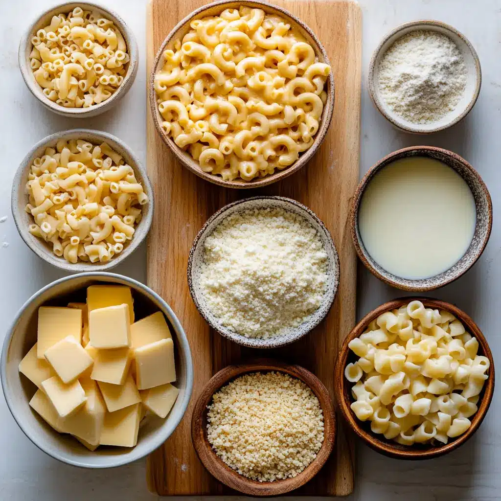 Southern Baked Mac and Cheese: Easy and Irresistible Recipe 4 Ingredients for Southern Baked Mac and Cheese laid out: cheddar, Monterey Jack, pasta, milk, and panko breadcrumbs