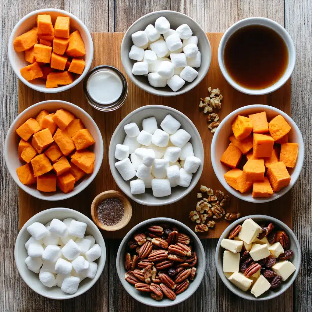 Southern Maple Sweet Potato Casserole Easy Recipe Delight 4 Ingredients laid out for Southern Maple Sweet Potato Casserole with fresh sweet potatoes, maple syrup, pecans and spices