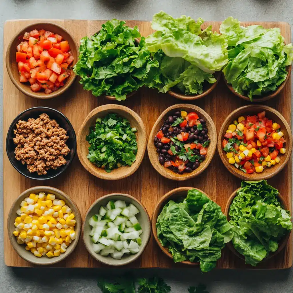 Southwest Chicken Lettuce Wraps Quick Easy Delicious 4 Ingredient flat lay for Southwest Chicken Lettuce Wraps using ground chicken, black beans, diced tomatoes with green chiles, and butter lettuce