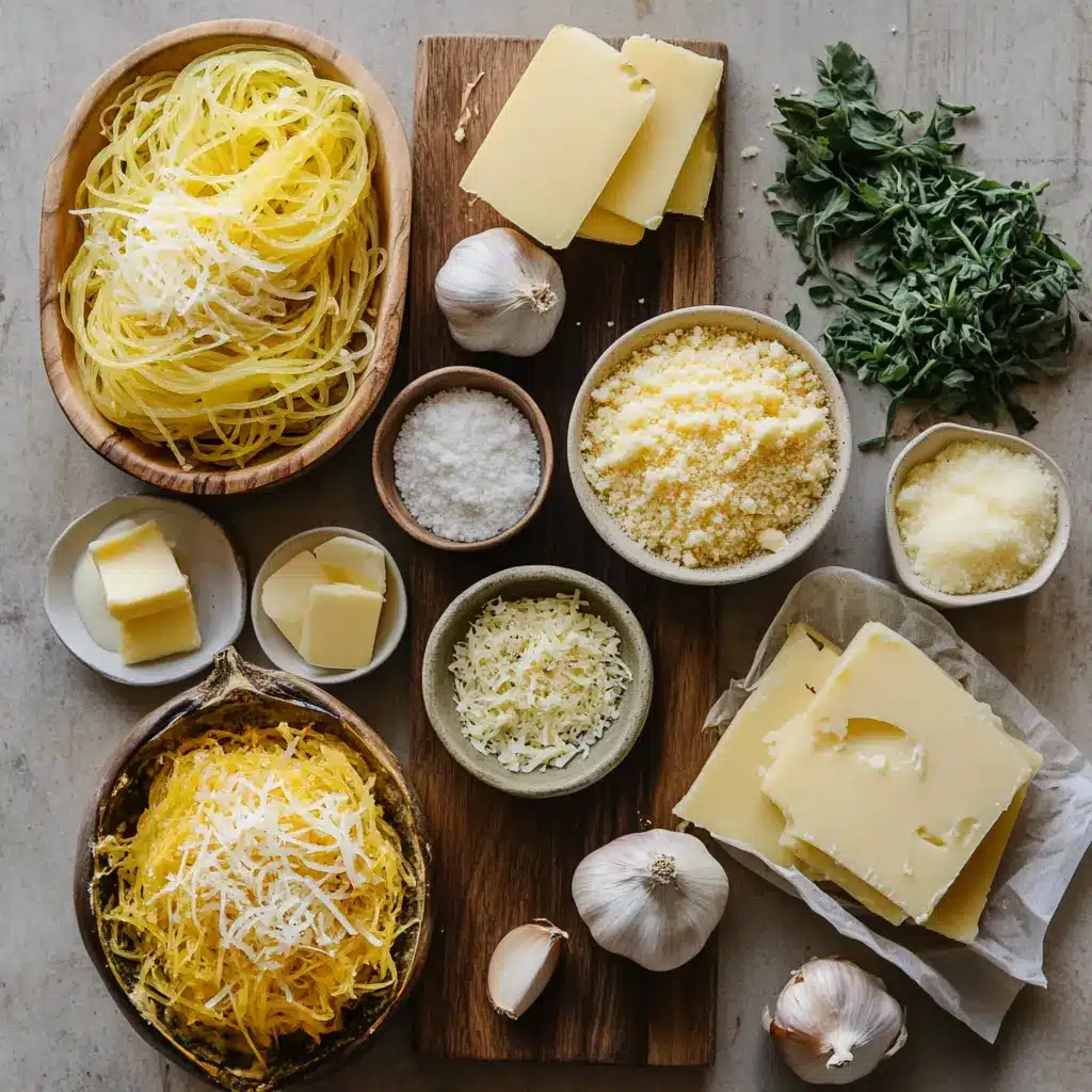 Spaghetti Squash Au Gratin: Easy and Delicious Recipe 4 Ingredients for cheesy spaghetti squash au gratin laid out on kitchen counter