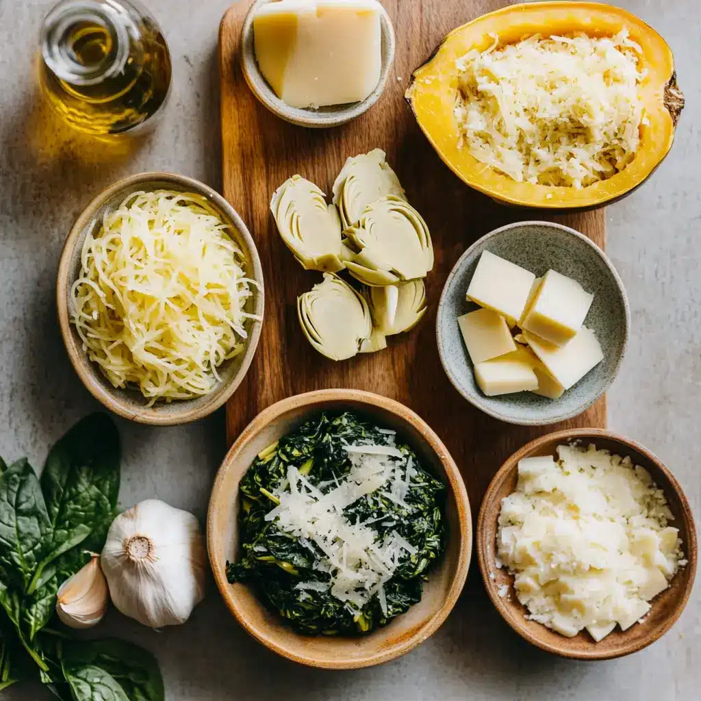 Ingredients for Spinach and Artichoke Stuffed Spaghetti Squash neatly arranged on a kitchen counter