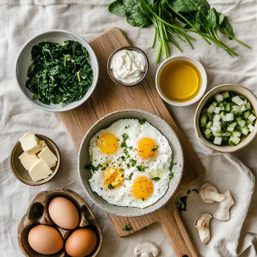 Ingredients for Spinach Cottage Cheese Egg Bake including cottage cheese, eggs, fresh spinach, and scallions in a golden baked casserole