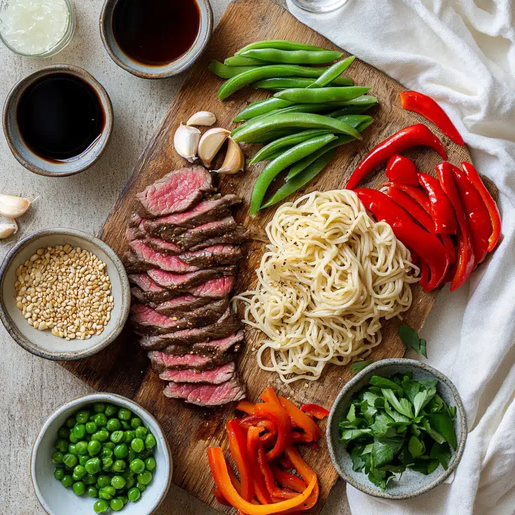 Sticky Beef Noodles: Quick & Delicious Recipe 4 Sticky beef noodles ingredients including flank steak, egg noodles, bell peppers, and sauces on a wooden cutting board