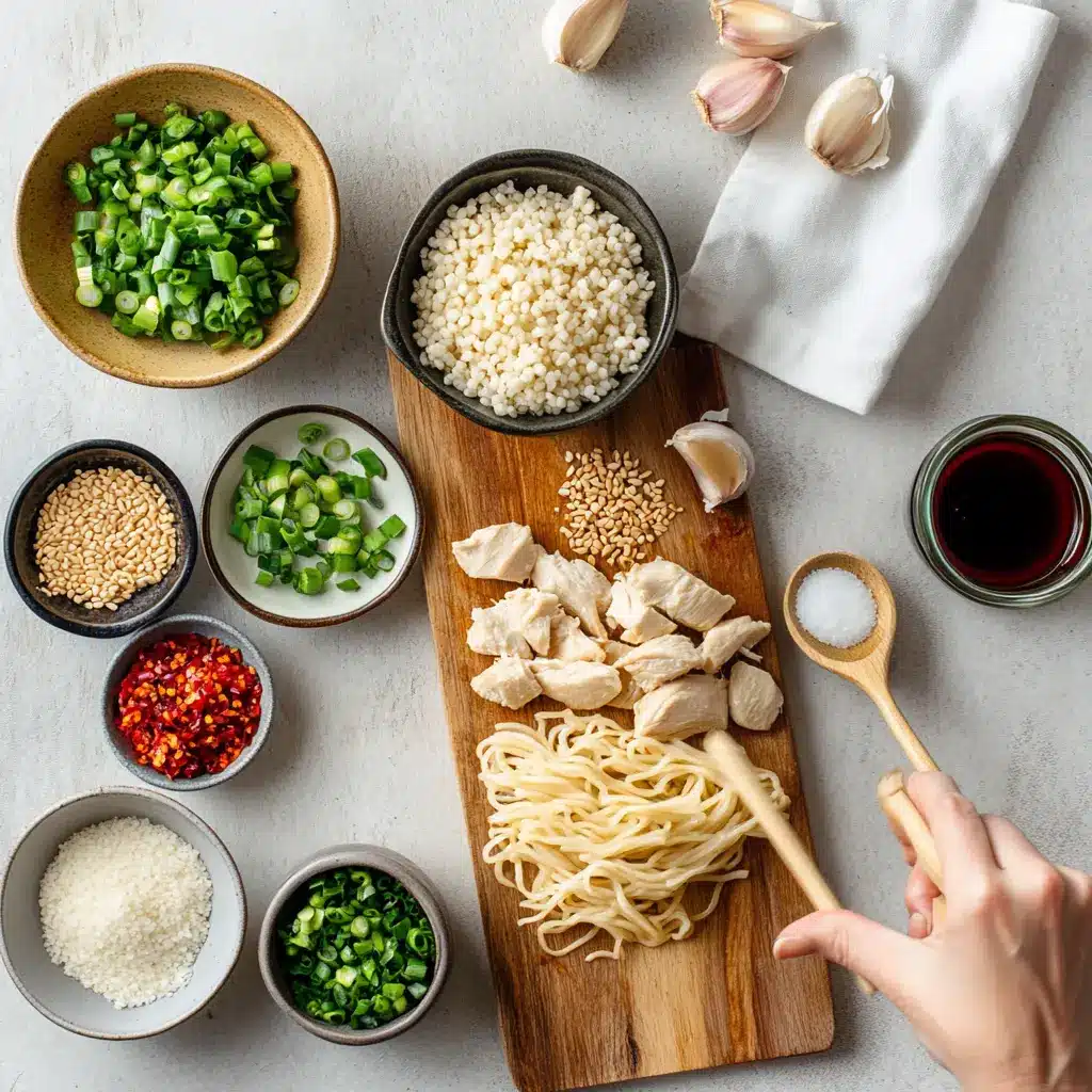 Sticky Garlic Chicken Noodles: Easy Delicious Recipe You’ll Love 4 Sticky Garlic Chicken Noodles ingredients laying flat on table including chicken, garlic, soy sauce, and noodles