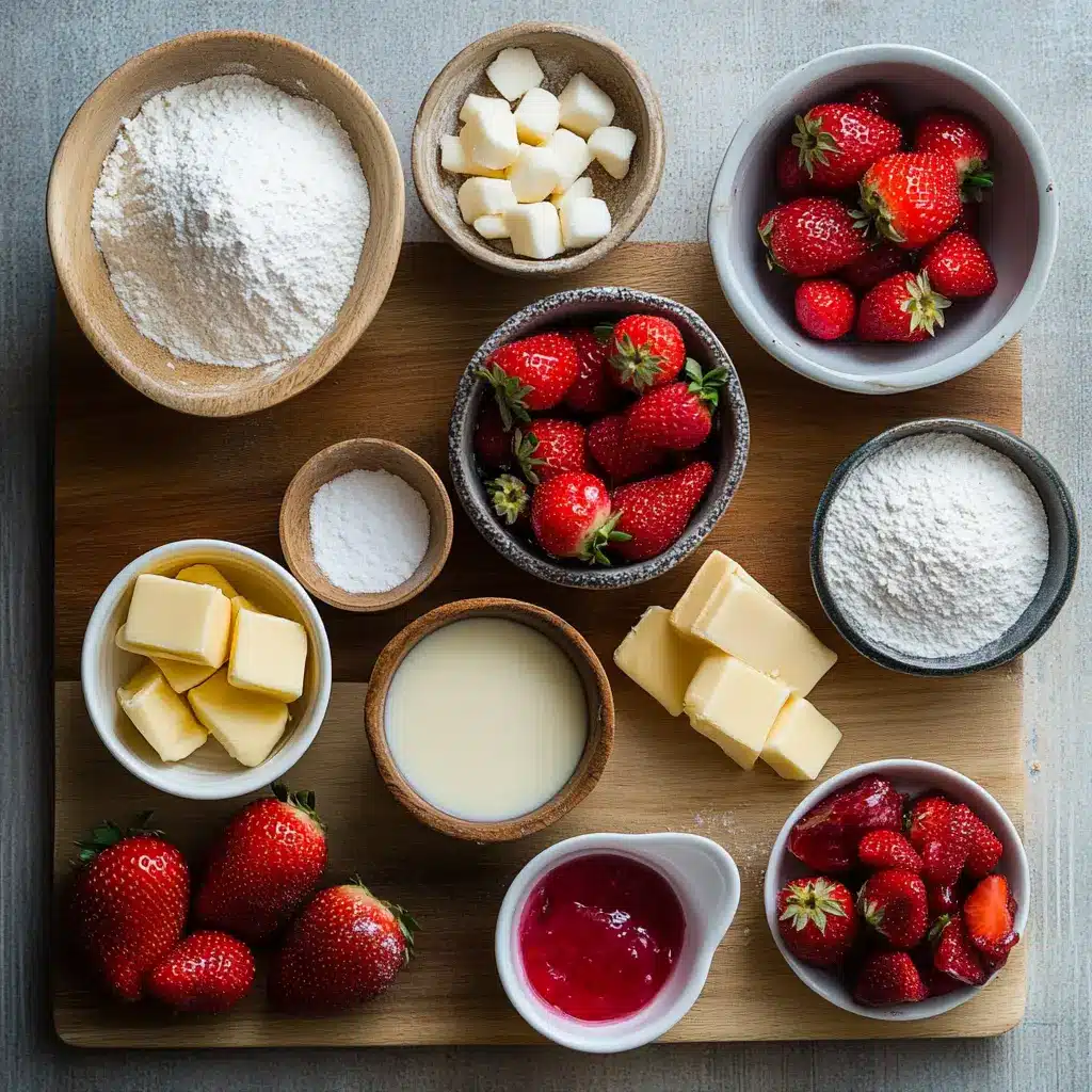 Strawberry Shortcake Cake: The Ultimate Delicious Party Treat 4 Ingredients for making strawberry shortcake cake including fresh strawberries, vanilla extract, butter and cream
