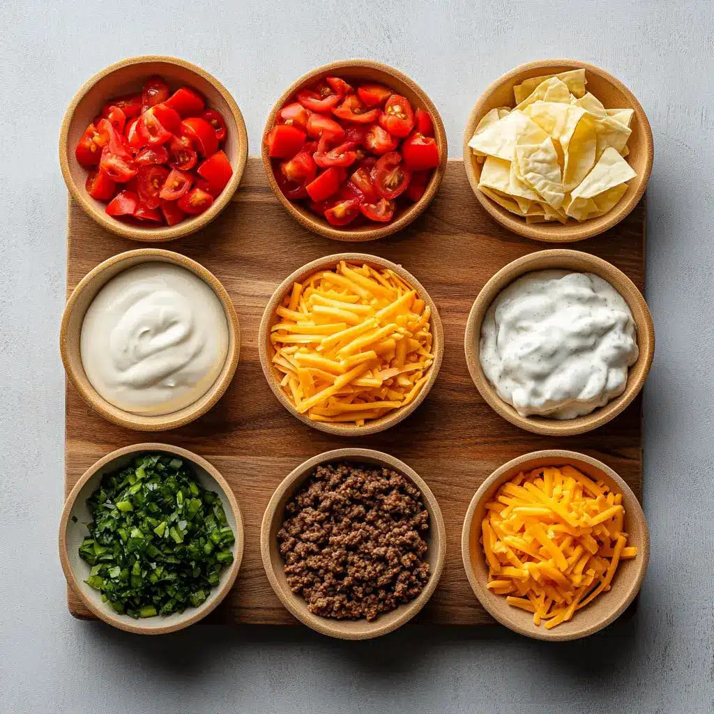 Taco Ranch Bites: Easy and Irresistible Snacks 4 Photo of ingredients laid out for Taco Ranch Bites including ground beef, cheddar, ranch dressing, and phyllo shells