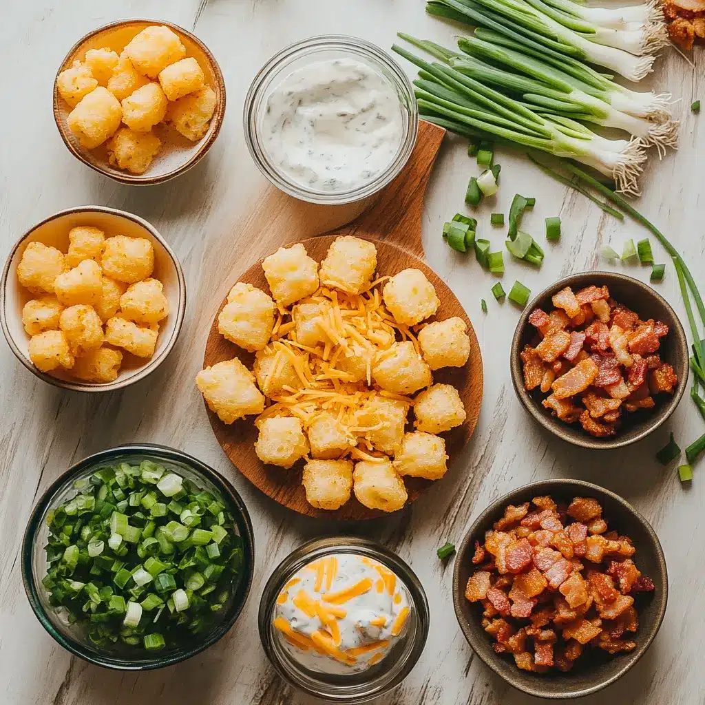 Tater Tot Appetizer Cups for Irresistible Party Ideas 4 Ingredients laid out for Tater Tot Appetizer Cups, including cheese, bacon, chives, and tater tots on a white countertop