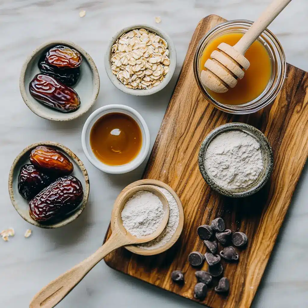 The Ultimate Homemade Protein Bars Recipe: Delicious and Easy 4 Ingredients laid out for the ultimate homemade protein bars recipe featuring dates, peanut butter, oats, and dark chocolate