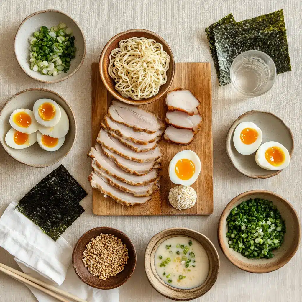 Tonkotsu Ramen: Easy and Delicious Noodle Feast 4 Ingredients for tonkotsu ramen on prep table including pork bones, eggs, ramen noodles, and scallions