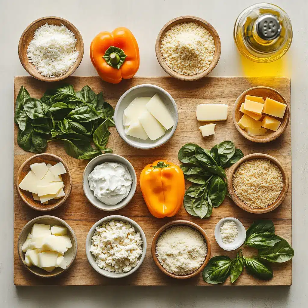 Tuscan Ricotta Stuffed Peppers Recipe You'll Love 4 Overhead shot of Tuscan Ricotta Stuffed Peppers ingredients neatly arranged on light background