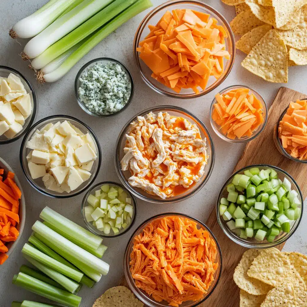 Ultimate Buffalo Chicken Dip: A Delicious Easy Recipe 4 Ingredients laid out for Ultimate Buffalo Chicken Dip including rotisserie chicken, cream cheese, buffalo sauce, cheese, ranch dressing